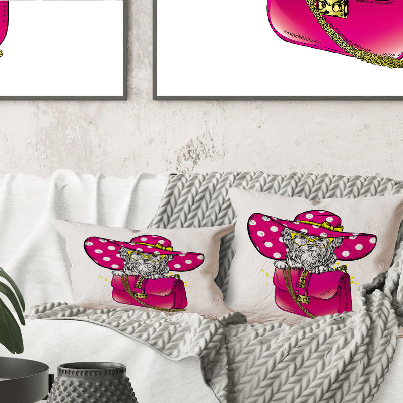 «Pedigree Dog In A Pink Polka Dot Hat» - Coussin décoratif imprimé pour enfants, 18 po x 18 po
