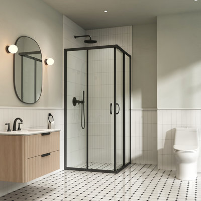 Porte de coin carrée transparente noire matte de 34 po x 34 po x 72,83 po Breeze
