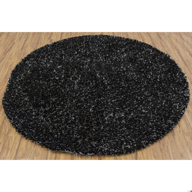 Themis Authentic Hand-Woven Handmade High Pile Modern Ribbon Shag Polyester Area Rug, Round 7'9", Black and Gray