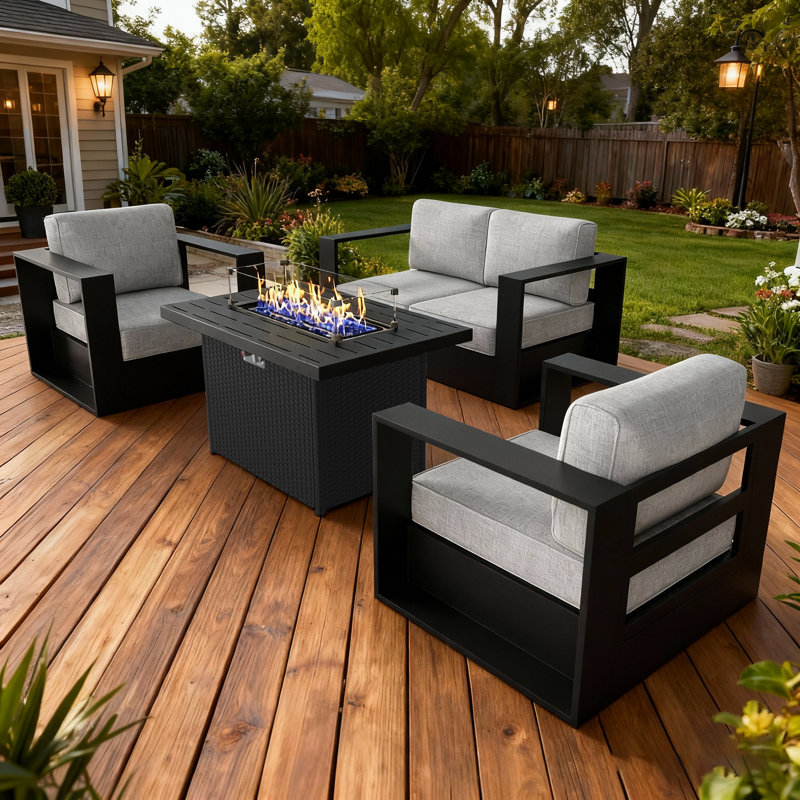 Modern Outdoor Aluminum 4-piece Conversation Set With Firepit Table, Gray Cushion/Black Frame