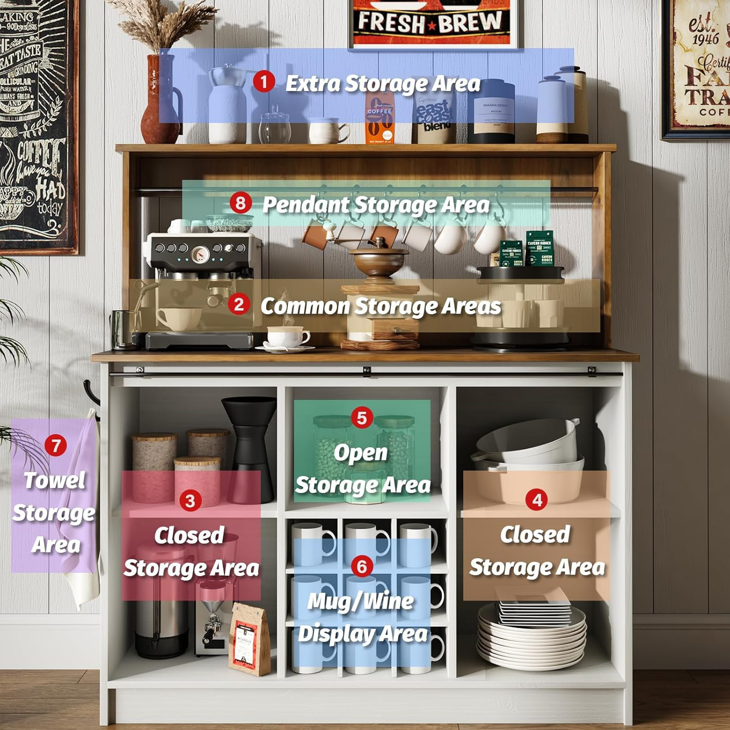 Gracie Oaks Coffee Bar Cabinet with 9 Wine Racks and 6 Hooks, 47 Inch ...
