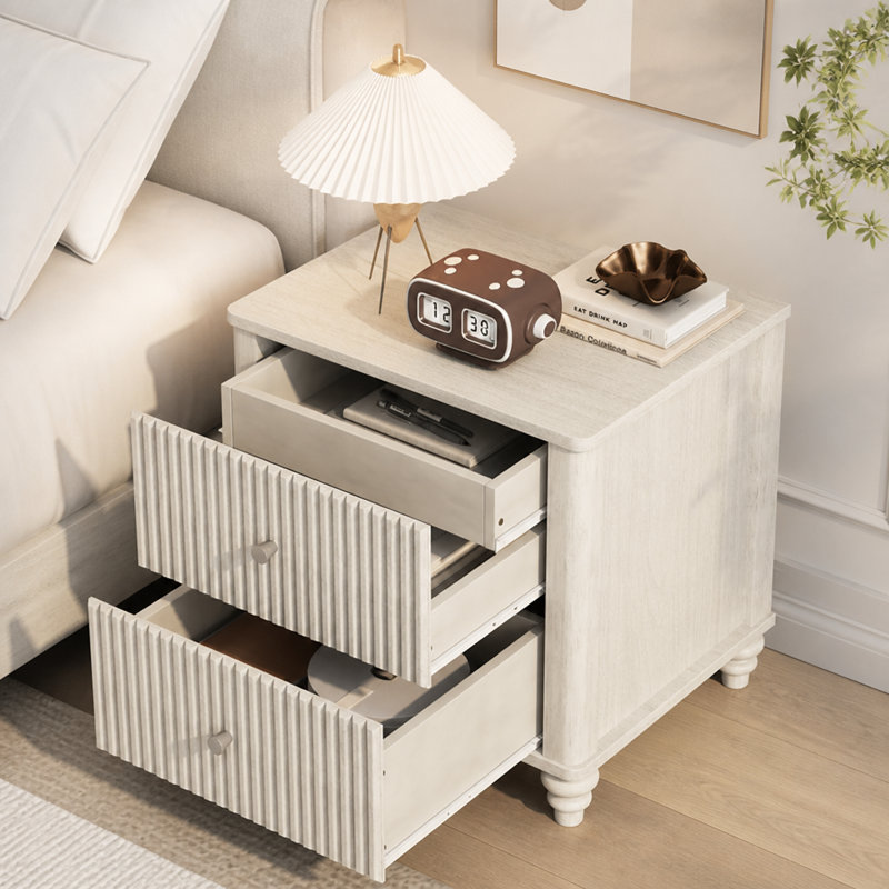 Ensemble de chambre à coucher 3 pièces avec lit et 2 tables de chevet, Beige, Roi
