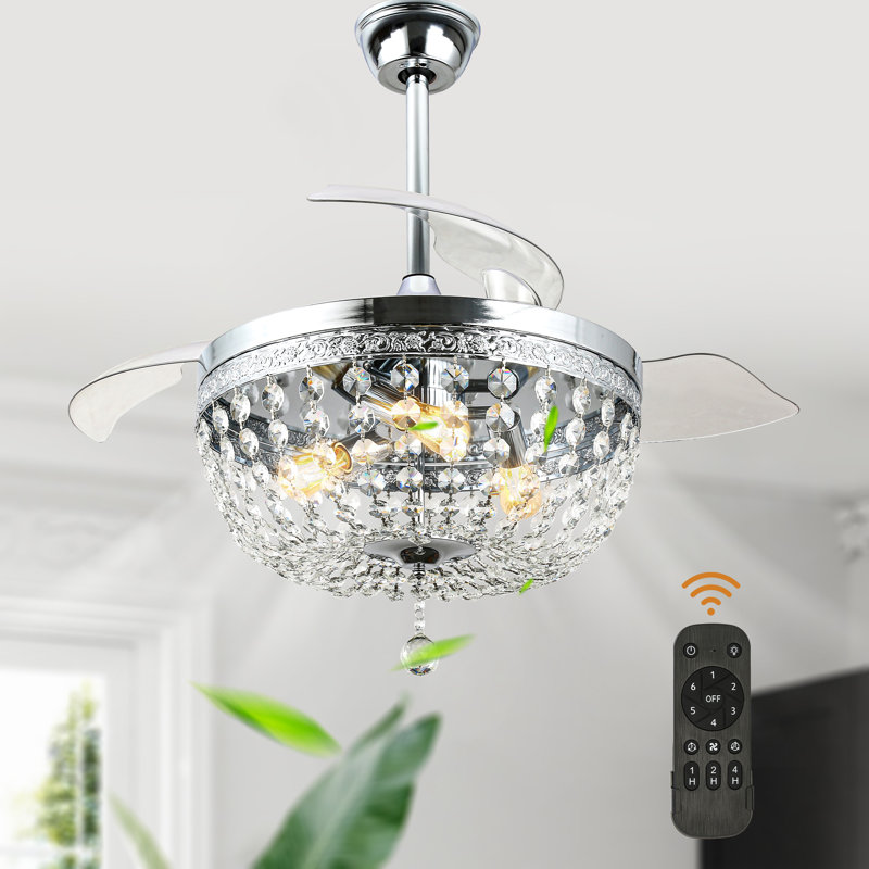 Ventilateur de plafond moderne rétractable de 107 cm (42 po) avec lumières et télécommande, réversible, moteur CC à 6 vitesses, lustre en cristal glamour.