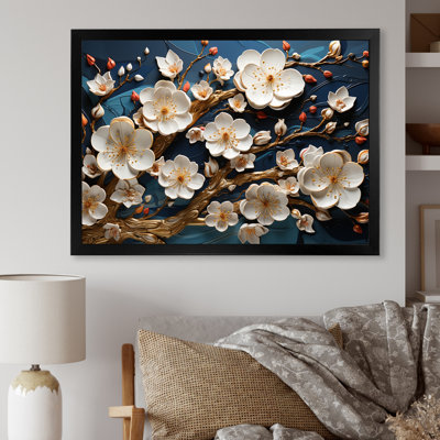 Orchidée blanche dorée et bleue, arbre III - Art mural floral abstrait