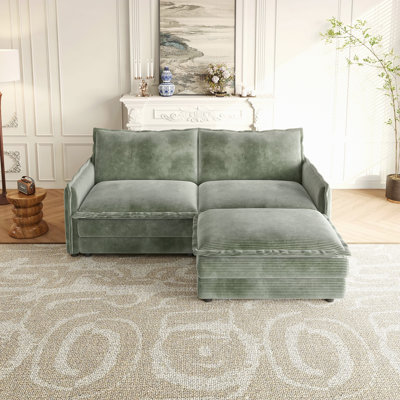 Canapé en tissu avec causeuse en velours côtelé avec 1 repose-pieds pour le salon, canapé modulaire en L 2 places avec repose-pieds, canapé rembourré à 2 places de grande taille avec 2 coussins