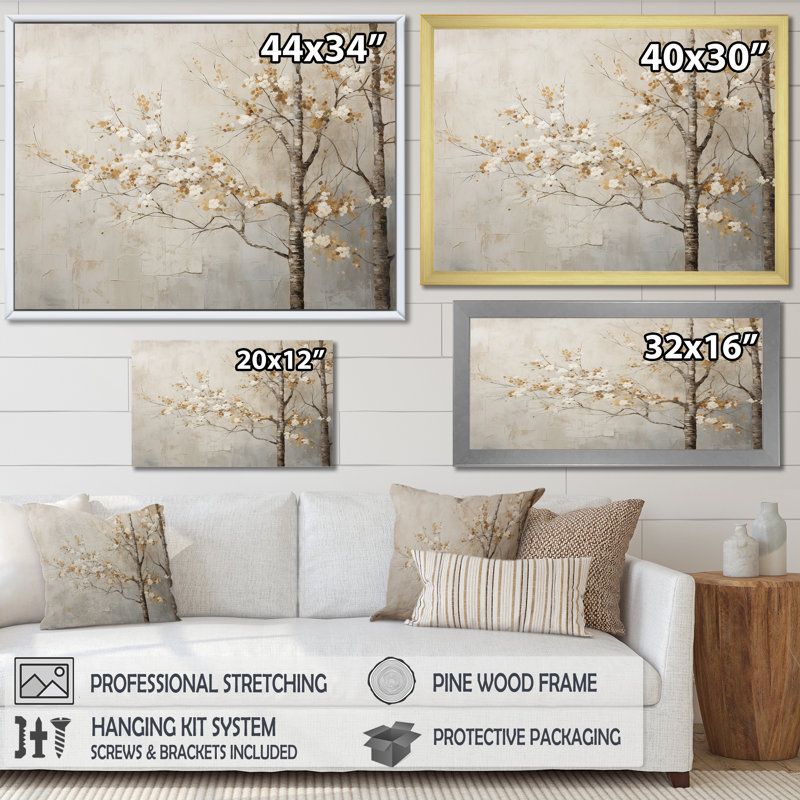 Harmonisation des arbres beiges III sur toile, Cadre naturel flottant, H 30 po x l 40 po x P 1,5 po