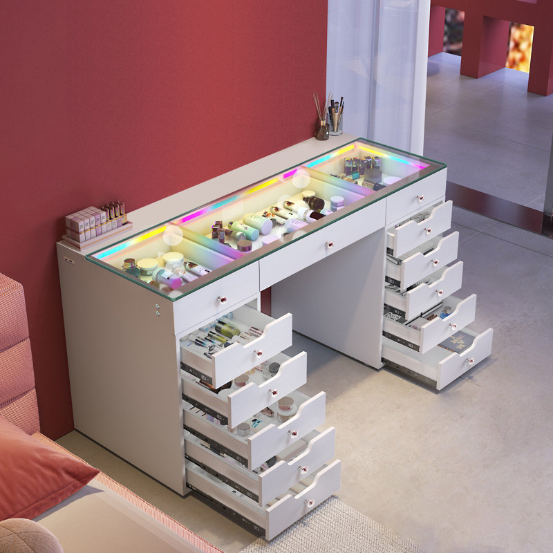 Makeup Vanity Set with Vanity Mirror HD Glass Top Built-in RGB Light Strips Large 11 Drawers