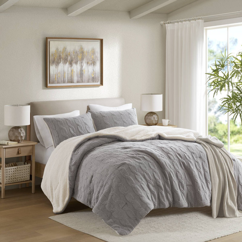 Ensemble de literie en chenille luxueux, taille simple, gris avec envers en sherpa confortable