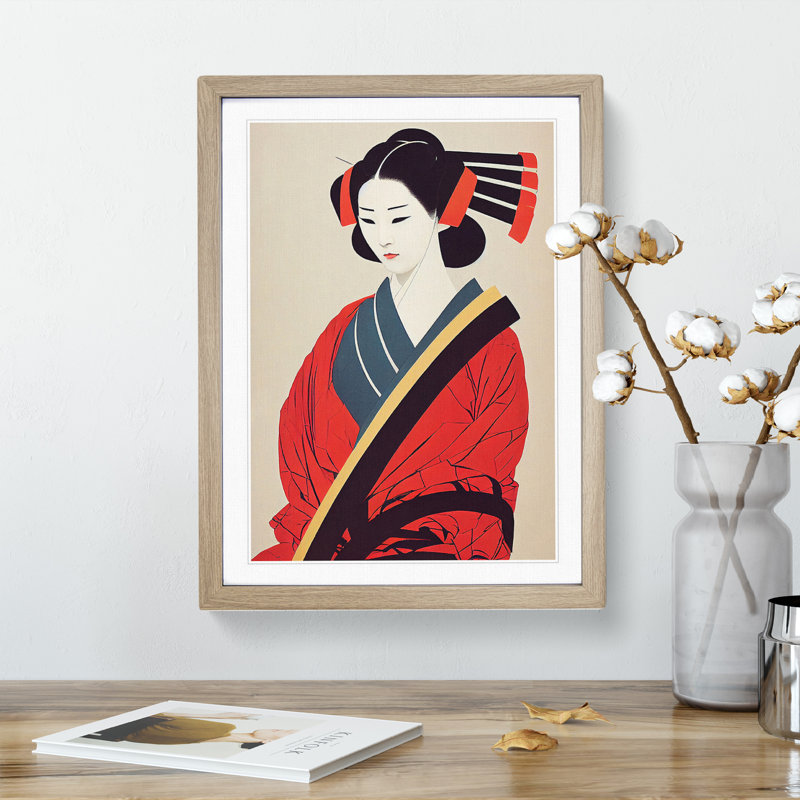 Traditional Geisha No.1 - Wall Art, 66cm H x 48cm W, Oak Framed, White