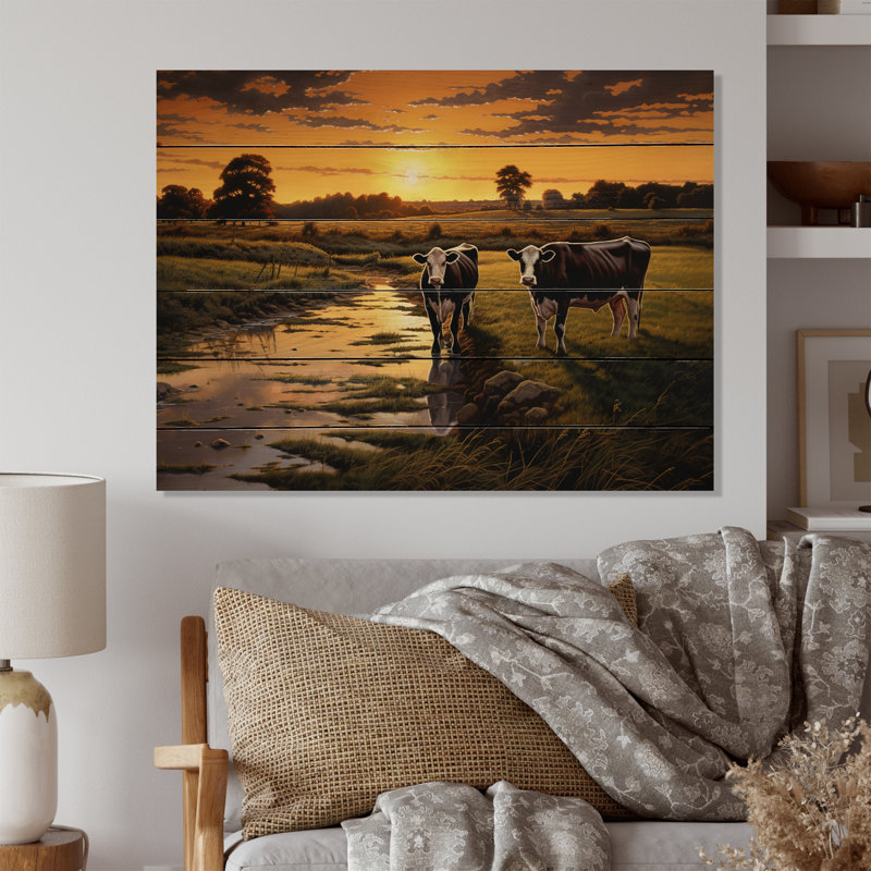 Cows at Farm Landscape IV sur impression sur bois, H 10 po x l 20 po x P 0,78 po