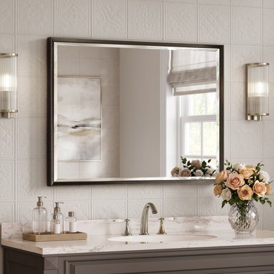 Miroir de salle de bain biseauté double, miroir mural en verre trempé avec bords réfléchissants et cadre en aluminium antirouille pour lavabo
