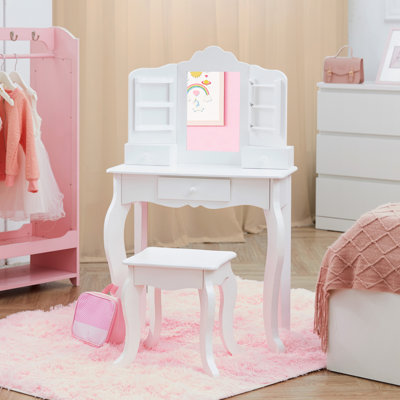Teamson Kids Little Princess Wooden 2pc. Vanity Table & Stool Set with Mirror & Jewellery Organizers for Pretend Makeup Play and Bedroom Storage