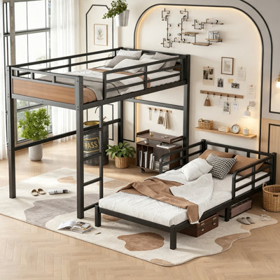 Heavy Duty Metal Loft Bed with 2 Sleep Surfaces for 2 Teenagers and Adults, Detachable  Bunk Bed with Tall Safety Guardrail and Bottom Storage, Twin XL Over Twin XL Size, Walnut