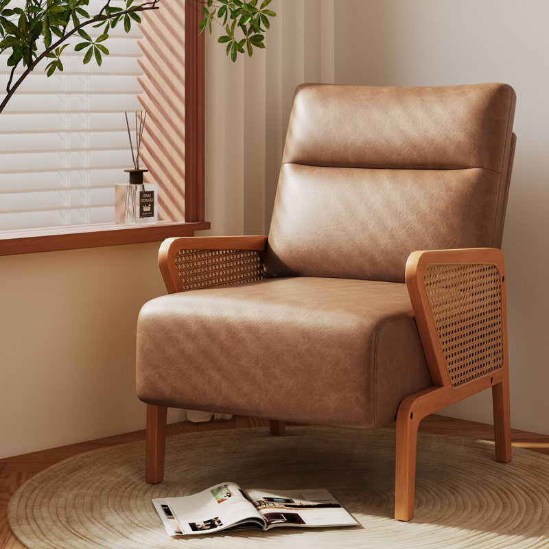 Chaise d'appoint rembourrée avec accoudoirs en rotin et pieds en bois massif, Similicuir brun