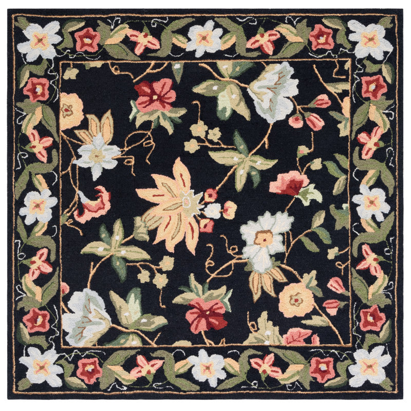 Tapis noir en laine bouclé / crocheté à la main Hollander, Carré 5 pi
