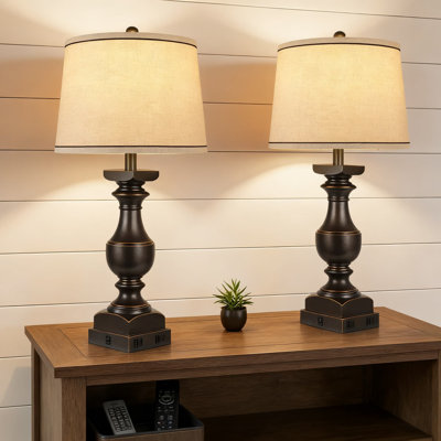 Ensemble de 2 lampes de table de style campagnard avec ports de recharge USB A + C, lampes de chevet noires et dorées avec abat-jour en lin, ampoules DEL E26 incluses, interrupteur à bascule pour table de chevet ou bureau