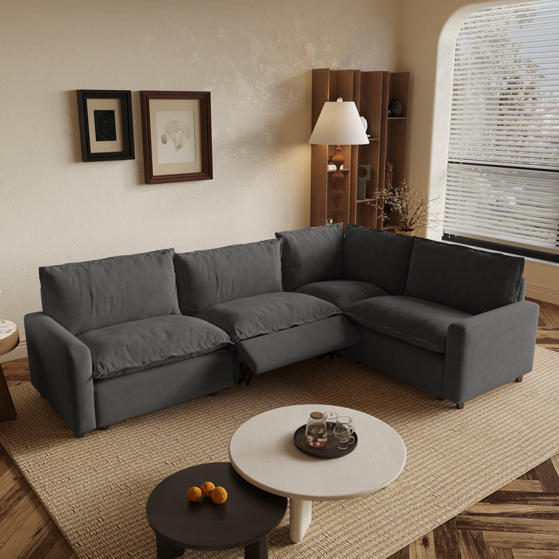 4-piece Sectional Sofa, Fabric Power Recliner Couch With Heated Cushion, Gray Linen