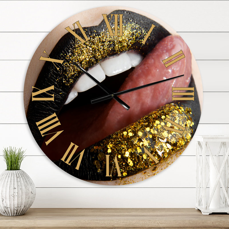 Horloge murale moderne, rouge à lèvres et paillettes dorées, Petit