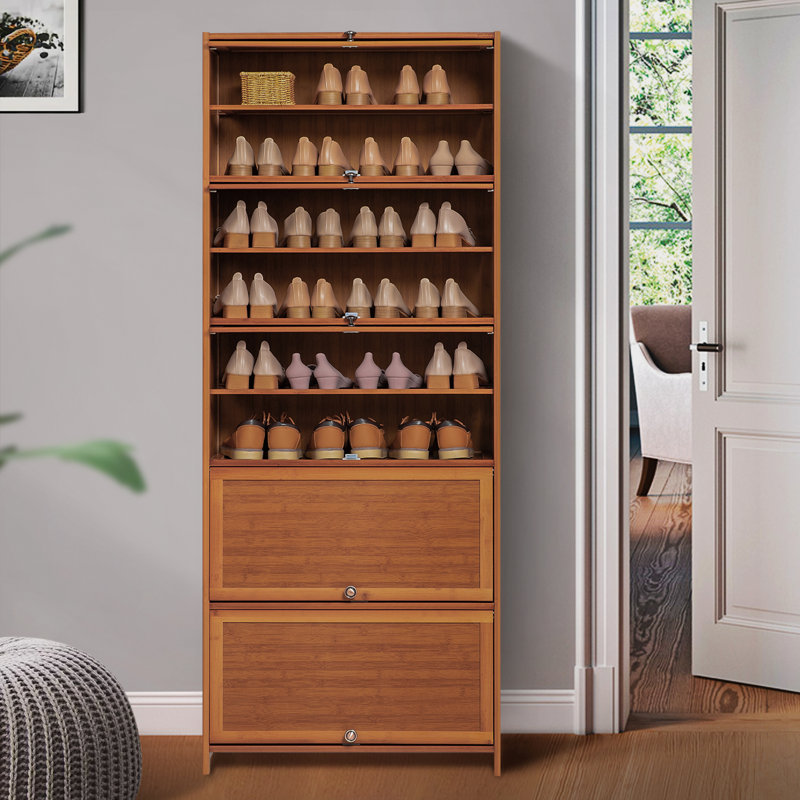 Brown Bamboo 10-Tier Shoe Cabinet with Pull-Down Doors