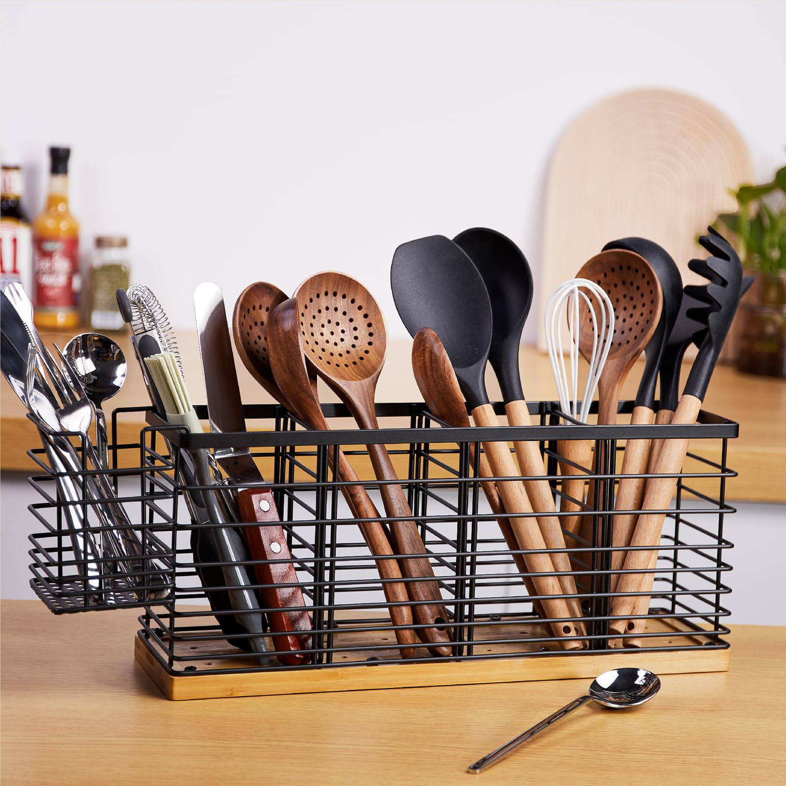 17 Stories Elsa Large Matte Black Utensil Holder For Kitchen Counter, 3 Compartments, Rustproof ...