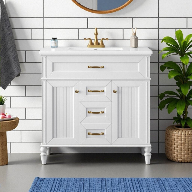 Meuble-lavabo 36 po avec lavabo en céramique, portes à fermeture en douceur et grand espace de rangement, Blanc