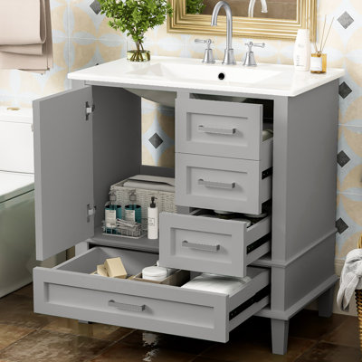 Meuble-lavabo de 30 po en gris, armoire moderne en bois massif avec lavabo, 3 tiroirs et porte en bois