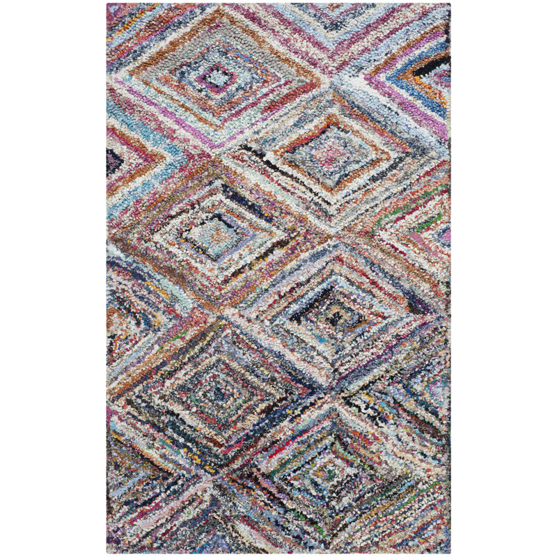 Tapis bleu / rose / jaune touffeté à la main à motif géométrique Anaheim, Rectangle 6 pi x 9 pi