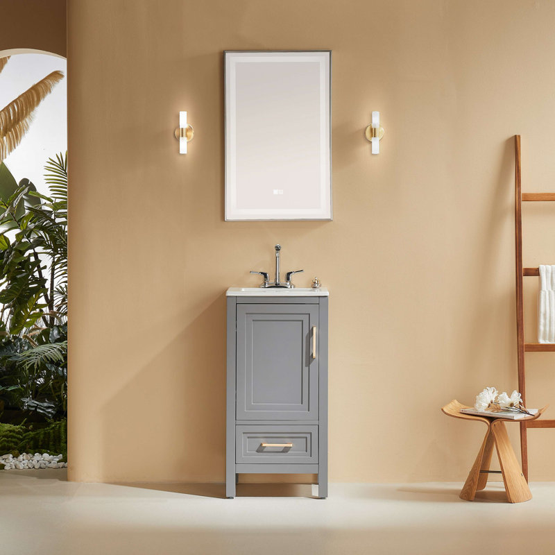 Meuble-lavabo simple autoportant entièrement assemblé avec plateau en céramique, Gris, Gris