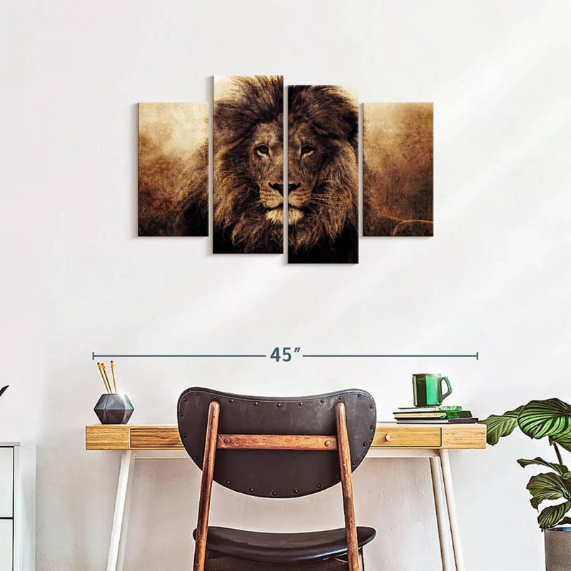 Tête de lion grunge sur toile 4 pièces, H 22 po x l 36 po x P 1 po