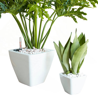 Ensemble de 2 pots à fleurs avec réservoir pour l'intérieur et l'extérieur - Blanc - Cône carré