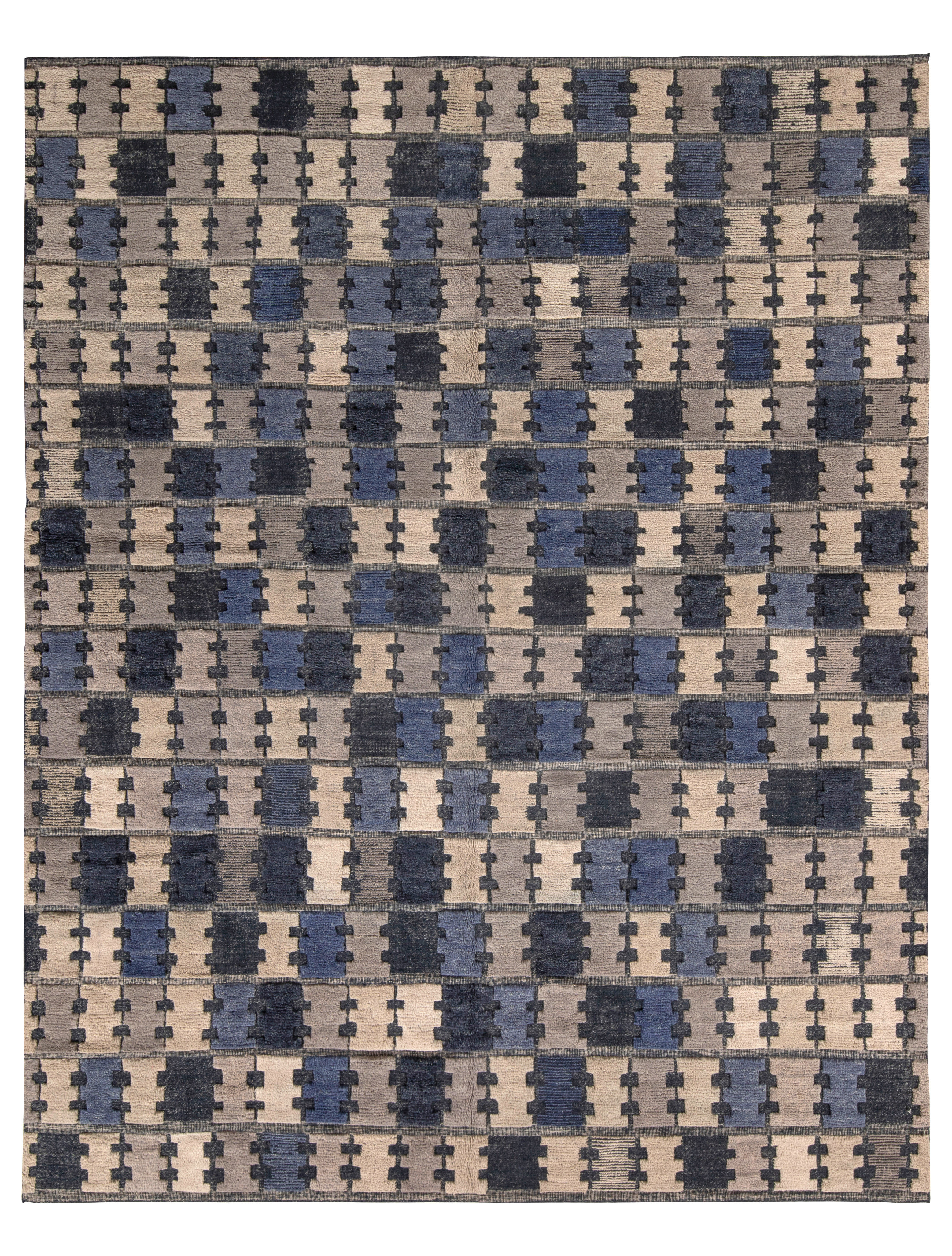 Scandinavia Rug Rug & Kilim’S Scandinavian Style Pile Rug In Blue And Gray Geometric ...