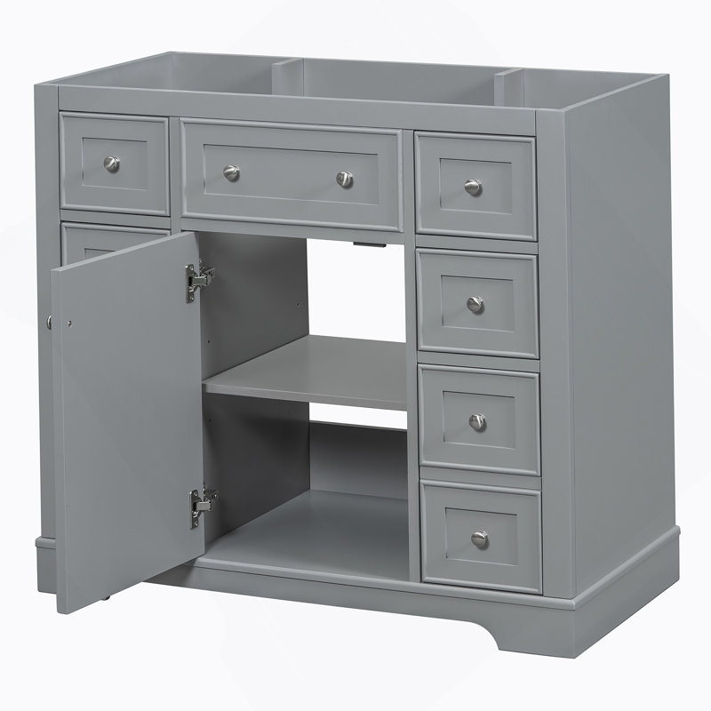 Meuble-lavabo 36 po sans lavabo, base d'armoire seulement, une armoire et six tiroirs, gris
