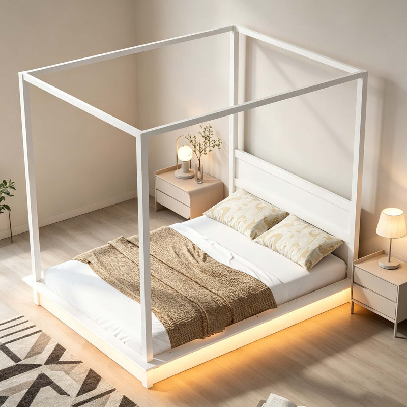 Wood LED Canopy Bed ,Canopy Platform Bed With Support Slats, No Box Spring Needed, King