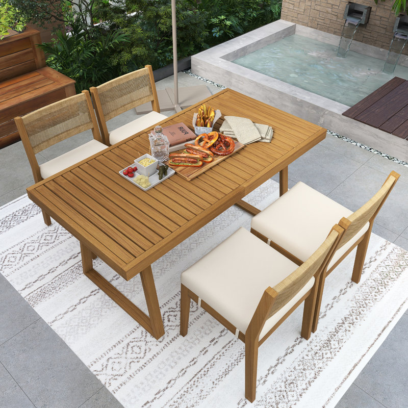 Ensemble de table de salle à manger et chaises multi-personnes en bois d'acacia, Beige