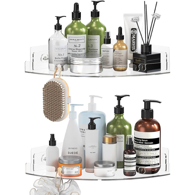 Serviteur de douche en coin en acrylique - transparent - ensemble de 2 tablettes de douche adhésives murales avec 4 crochets pour le rangement de la salle de bain et de la cuisine