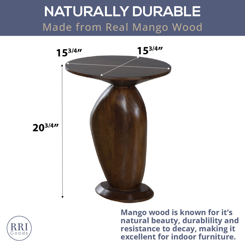 Round Mango Wood Side Table with Sculpted Pedestal Base and Stained Finish