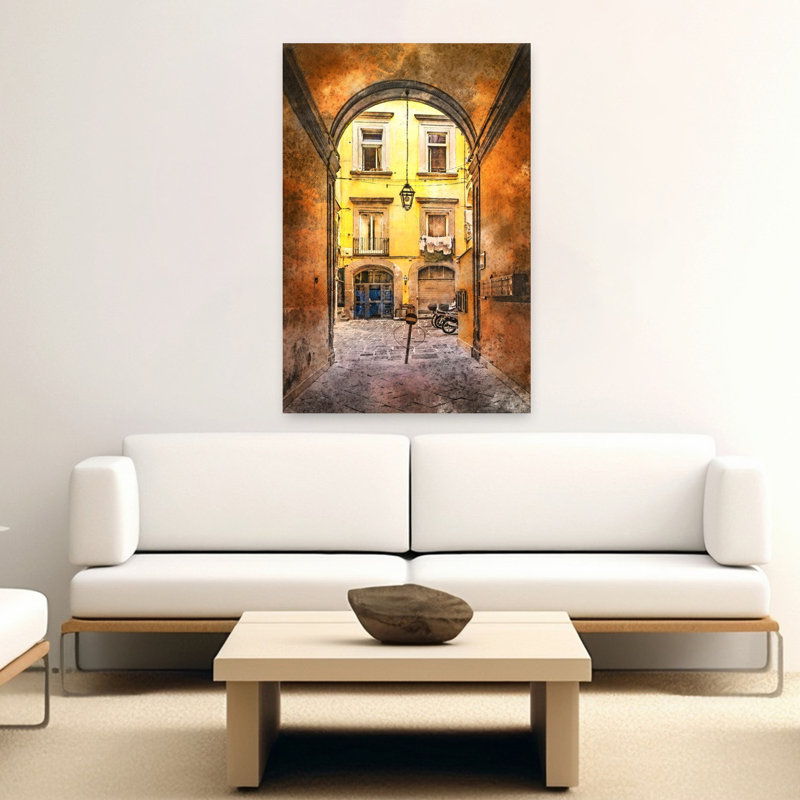 «Vibrant European Courtyard», art mural rétro, H 60 po x l 40 po