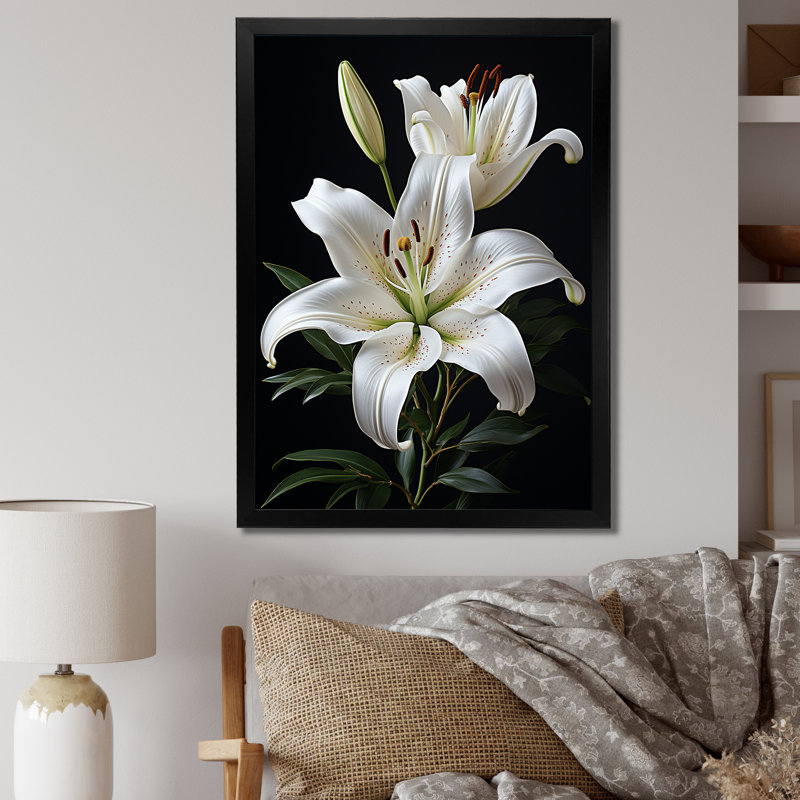 «Black White Lily Exquis II» - lys, impressions sur toile, Cadre simple noir, H 44 po x l 34 po x P 1,5 po
