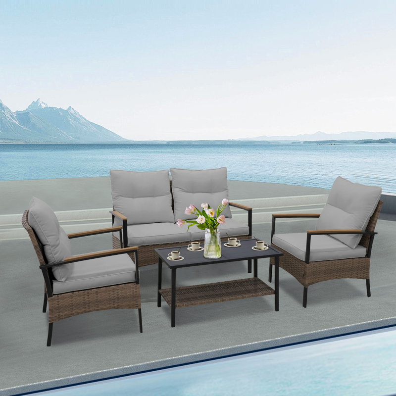 Ensemble de conversation d'extérieur pour 4 personnes avec coussins Kanasia, Gris