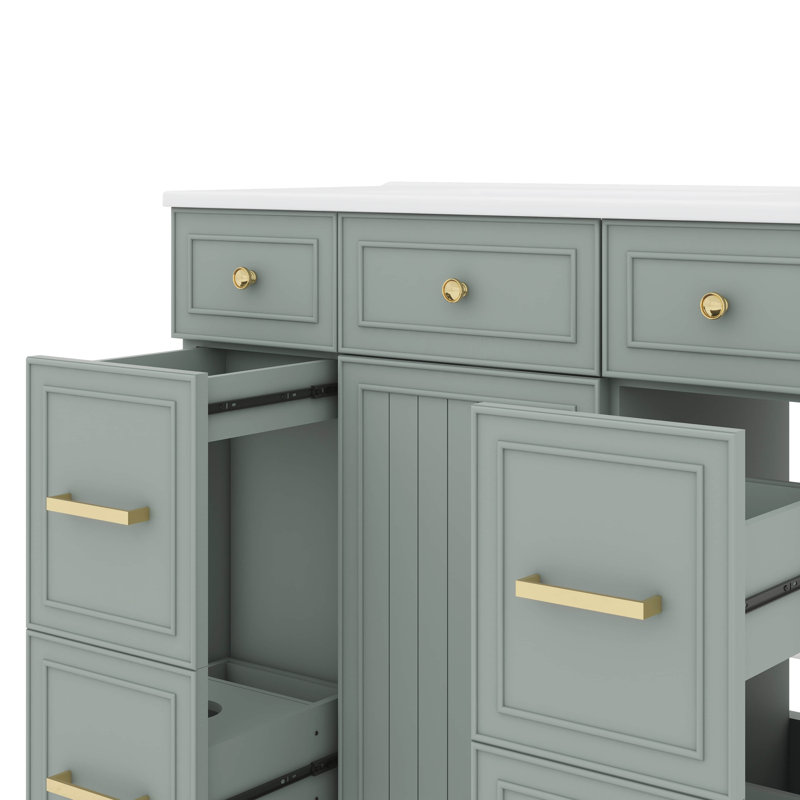 Meuble-lavabo 36 po avec lavabo en céramique, portes à fermeture douce, tablettes réglables et 3 tiroirs, Vert