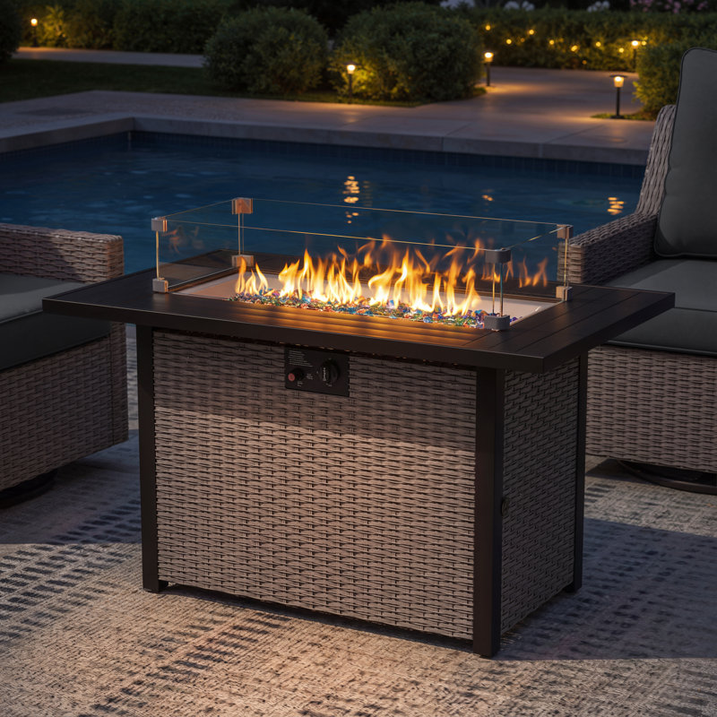 Table de foyer d'extérieur au propane en acier avec plateau en aluminium et pare-vent en verre 43,3 po Alto
