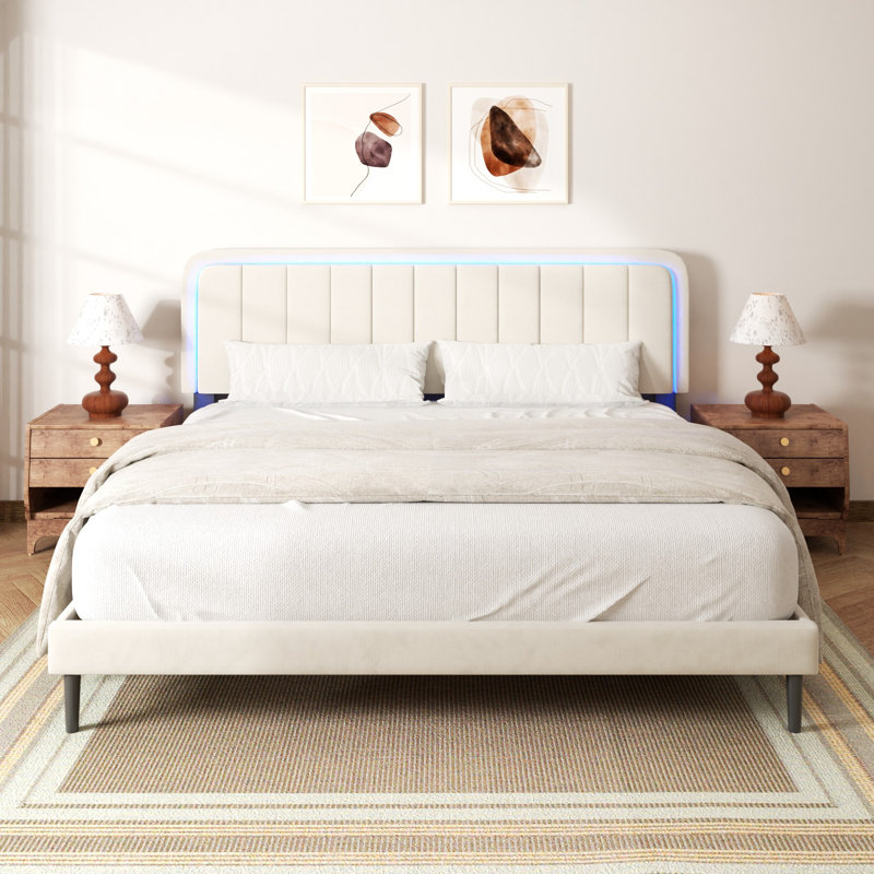 Lit plateforme tapissier avec tête de lit réglable et lumières DEL, Très grand