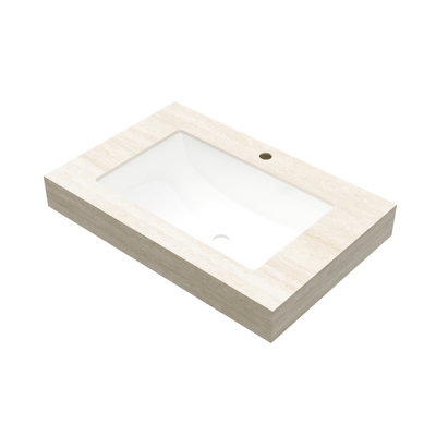 Comptoir en pierre frittée à motif de 30 po et lavabo encastré en céramique, beige, effet feu, trou de trop-plein, idéal pour meuble-lavabo, profondeur 30,16 po.