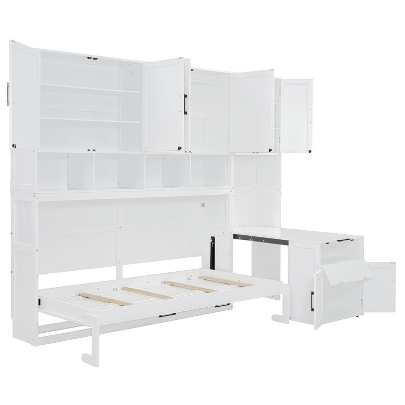Lit escamotable simple avec lit escamotable avec placard, tiroirs et bureau - Blanc (OLD SKU: LP000595AAK-1)