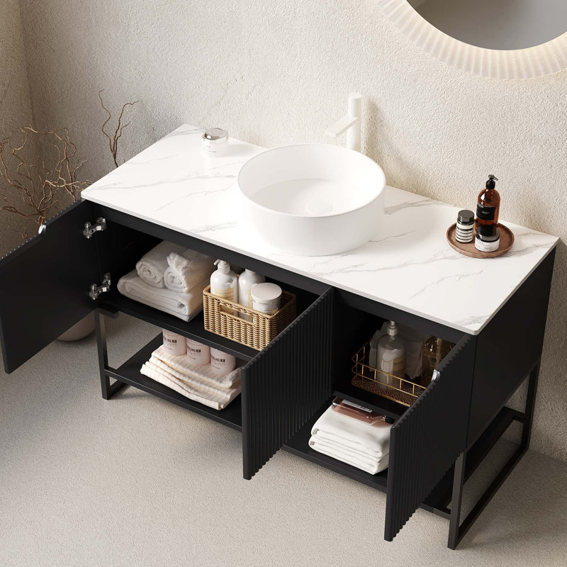 Meuble-lavabo sur pied avec lavabo en céramique et comptoir en pierre frittée