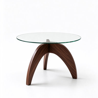 27.5" Mid-Century Round Glass Top Coffee Table with Artistic Walnut MDF Base for Living Room