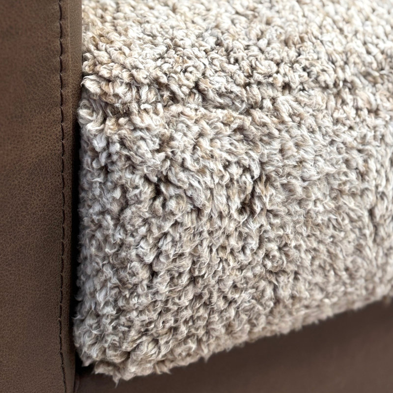 Marvella Living Room Loveseat With Chocolate Faux Leather Upholstery And Curly Shearling Cushions