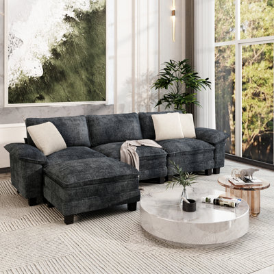 124" Modular Sectional Sofa, Oversized L Shaped Couches With Ottoman, 4-seater Deep Seat Sofa With Throw Pillow
