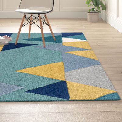 Sandin Geometric Hand-Tufted Wool Teal/Navy/Yellow/Gray Area Rug