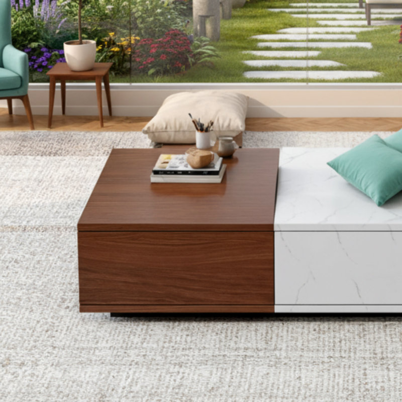 Table basse moderne en noyer avec double rangement, à la fois belle et pratique